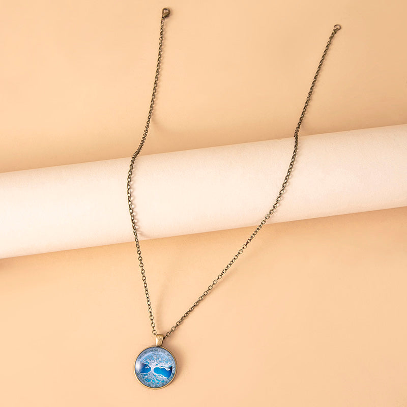 Hand Crafted Blue Tree of Life Glass Dome Cabochon Pendant Necklace