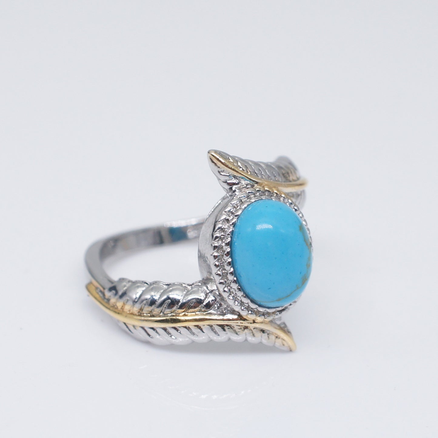Extravagant Inlaid Green Turquoise Feather Ring Sterling Silver Set w/Gem