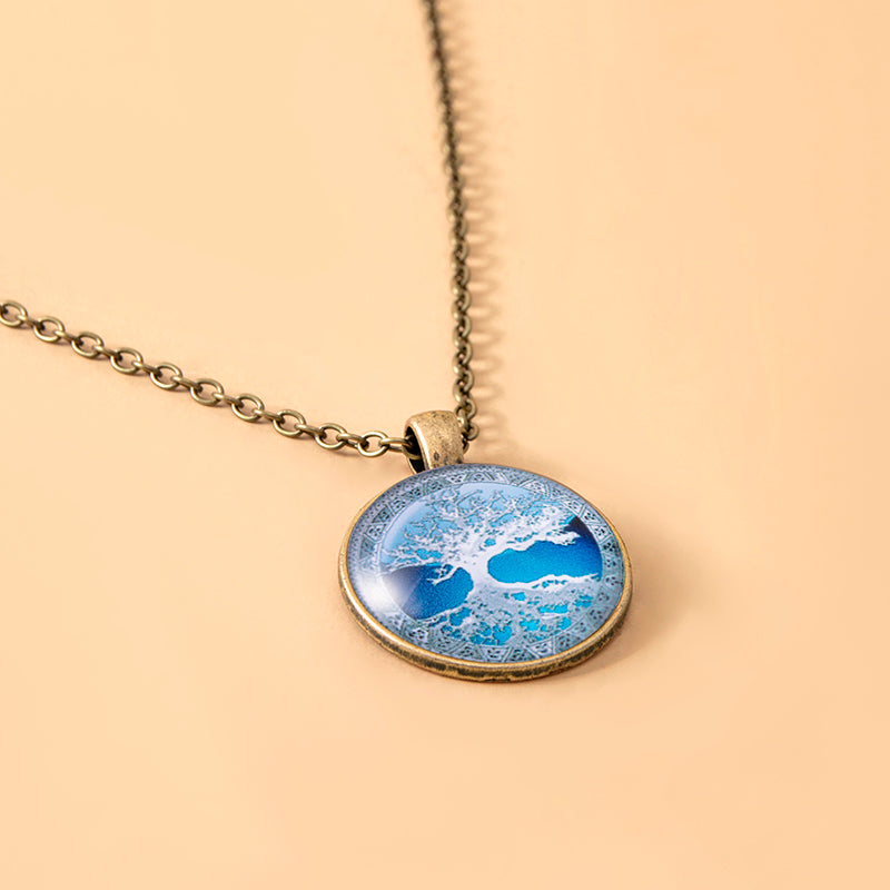 Hand Crafted Blue Tree of Life Glass Dome Cabochon Pendant Necklace