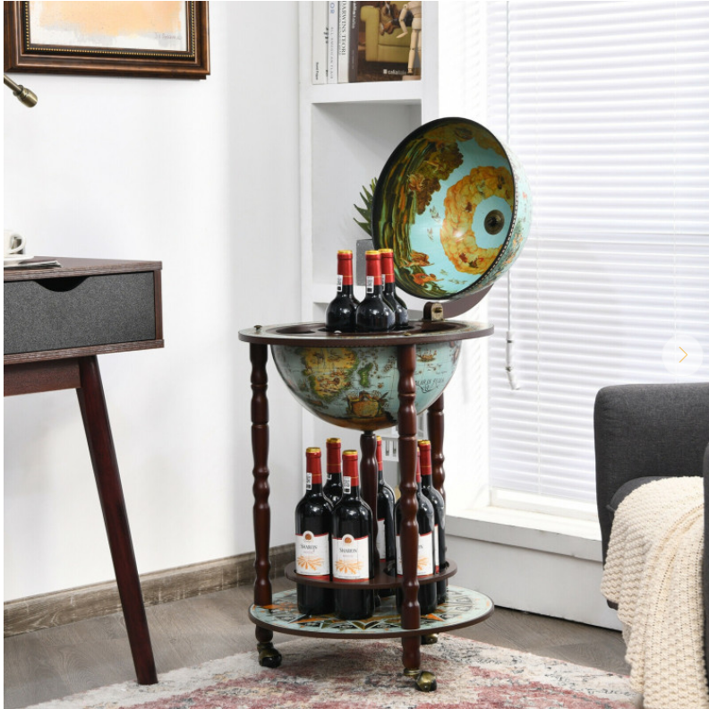 17 Inch Unique Retro Globe Wine Bar 16th-Century Italian World Map Liquor Bottle Shelf Cart