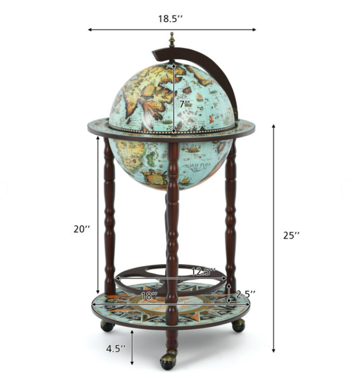 17 Inch Unique Retro Globe Wine Bar 16th-Century Italian World Map Liquor Bottle Shelf Cart