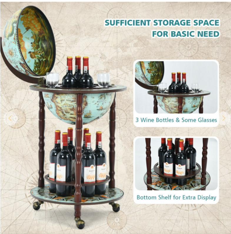17 Inch Unique Retro Globe Wine Bar 16th-Century Italian World Map Liquor Bottle Shelf Cart