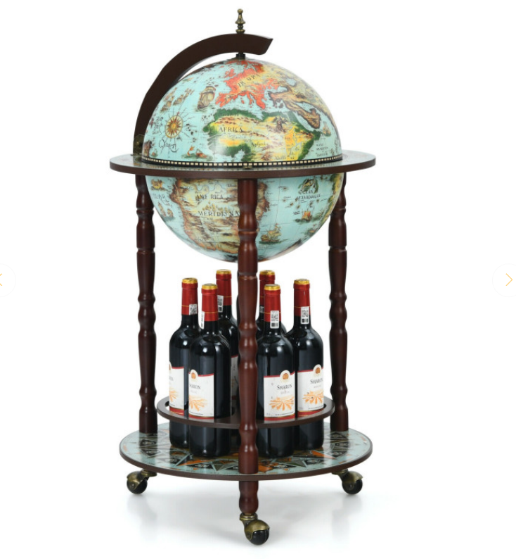 17 Inch Unique Retro Globe Wine Bar 16th-Century Italian World Map Liquor Bottle Shelf Cart