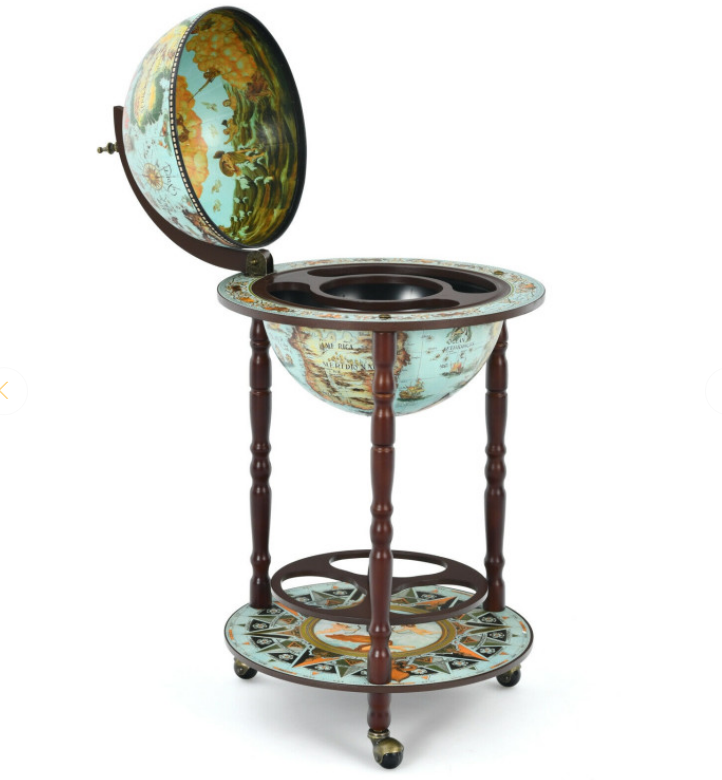 17 Inch Unique Retro Globe Wine Bar 16th-Century Italian World Map Liquor Bottle Shelf Cart
