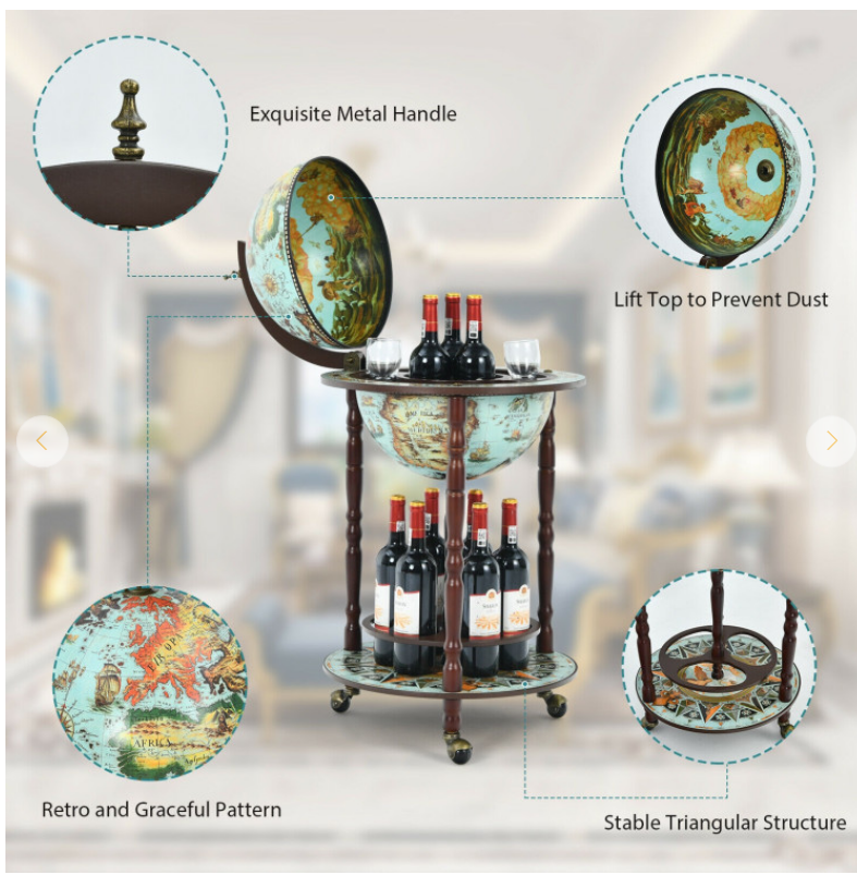 17 Inch Unique Retro Globe Wine Bar 16th-Century Italian World Map Liquor Bottle Shelf Cart
