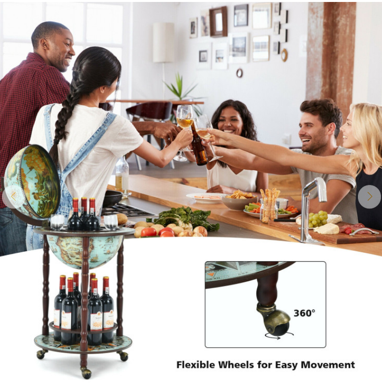 17 Inch Unique Retro Globe Wine Bar 16th-Century Italian World Map Liquor Bottle Shelf Cart