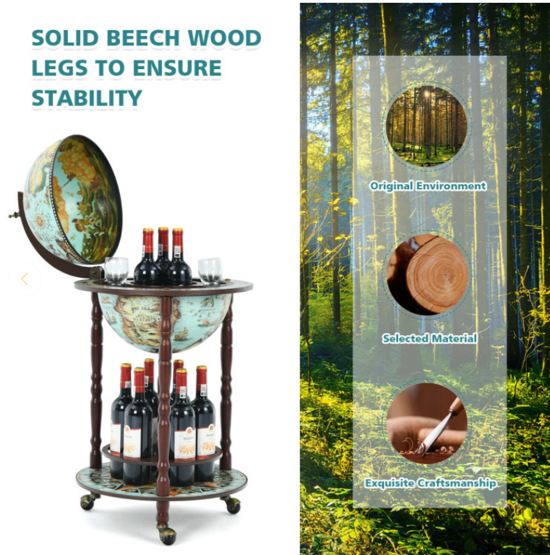 17 Inch Unique Retro Globe Wine Bar 16th-Century Italian World Map Liquor Bottle Shelf Cart