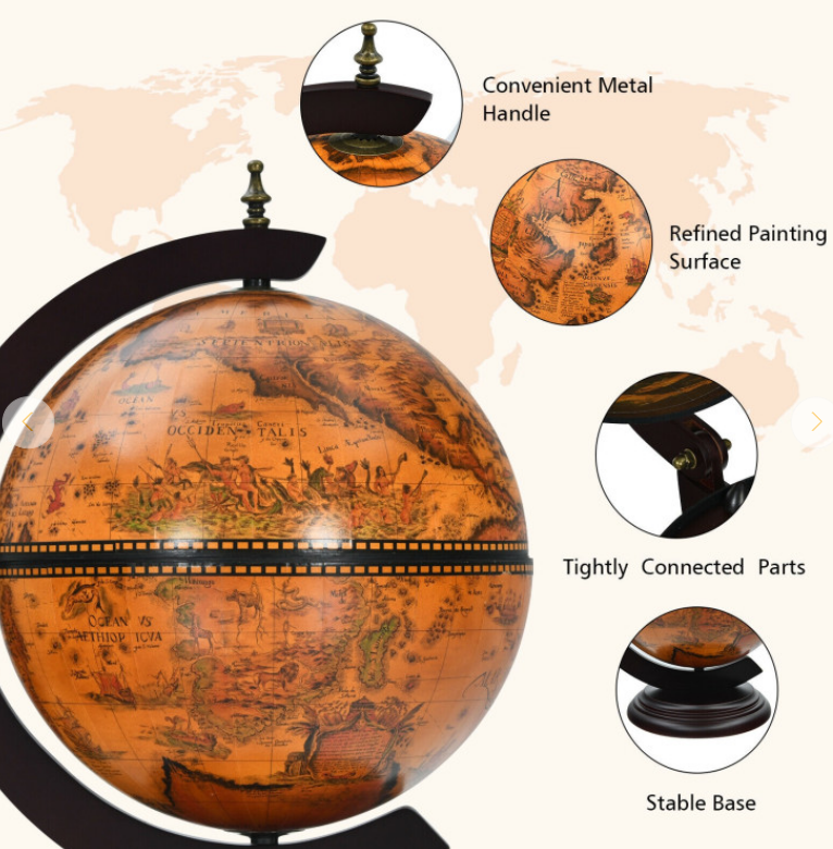 19 Inch 16th Century Nautical Map Tabletop Globe Wine Cabinet