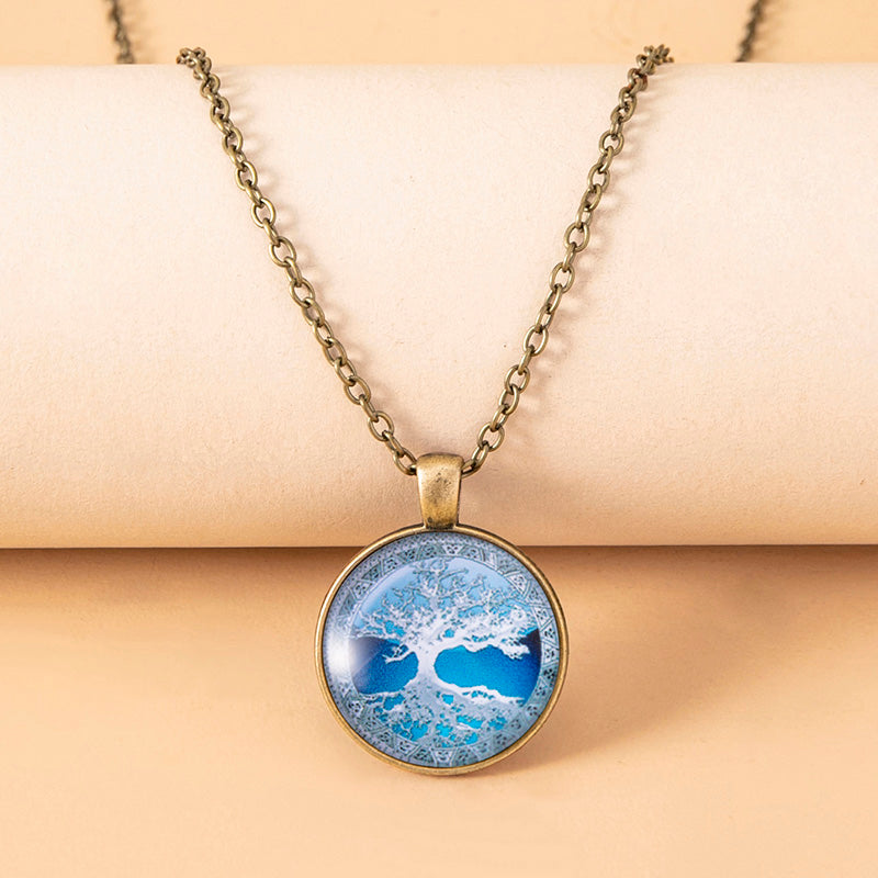 Hand Crafted Blue Tree of Life Glass Dome Cabochon Pendant Necklace