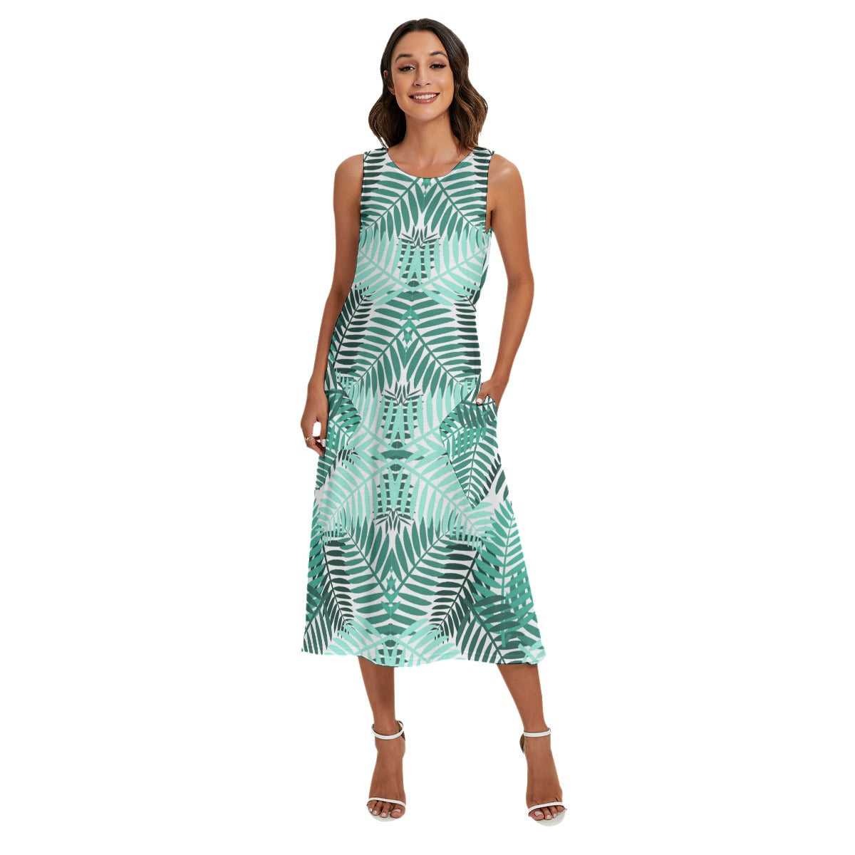 Women's Casual Formal Rainforest Print Dress with Diagonal Pockets
