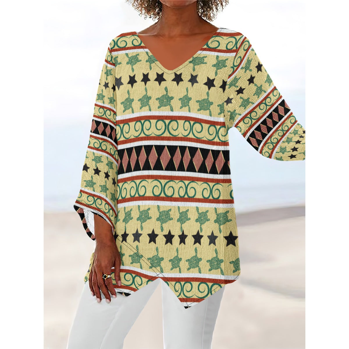 Aboriginal Print Women's V-Neck Irregular Hemmed Casual Niiji Top