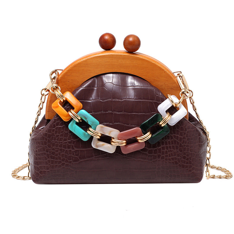 Women's Trendy Fashion Art Bags Colorful Chain Bags Portable Wooden PU Women's Bags