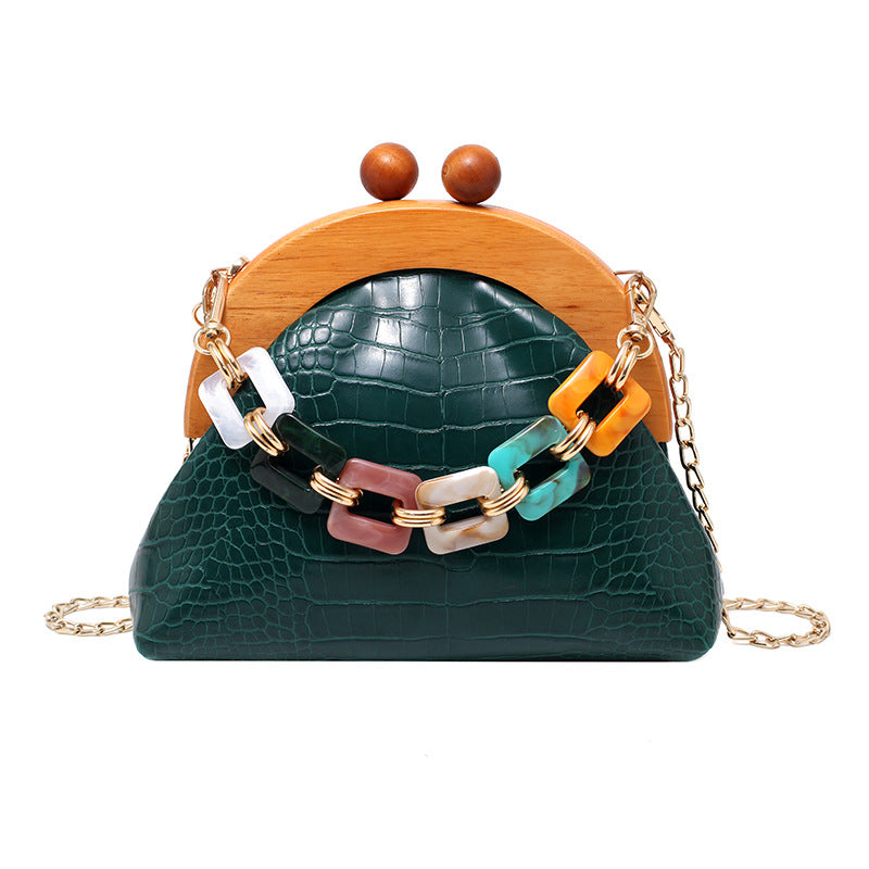 Women's Trendy Fashion Art Bags Colorful Chain Bags Portable Wooden PU Women's Bags
