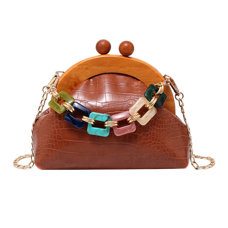 Women's Trendy Fashion Art Bags Colorful Chain Bags Portable Wooden PU Women's Bags