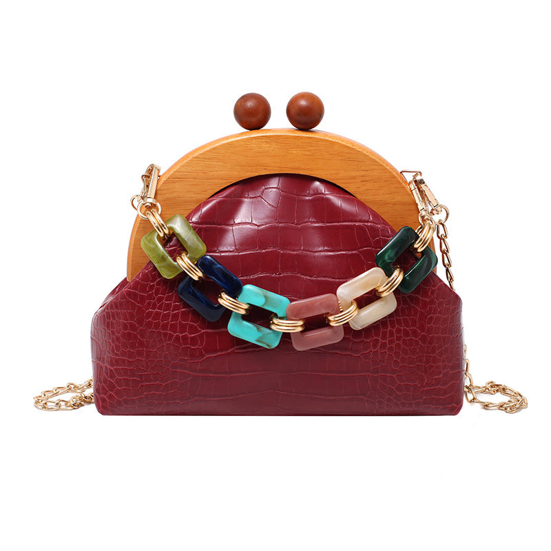 Women's Trendy Fashion Art Bags Colorful Chain Bags Portable Wooden PU Women's Bags