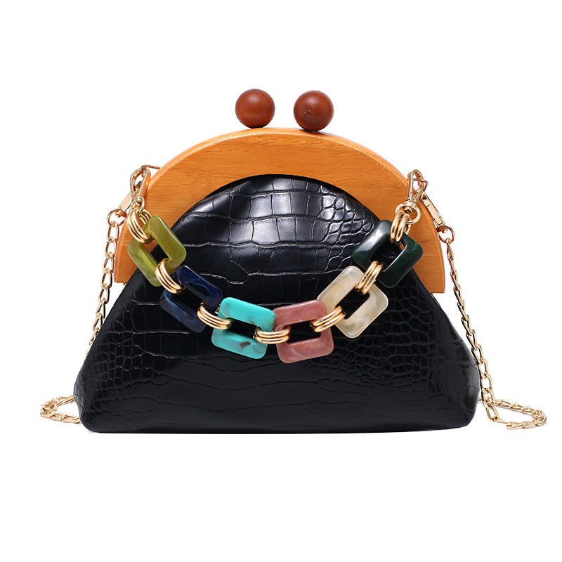 Women's Trendy Fashion Art Bags Colorful Chain Bags Portable Wooden PU Women's Bags