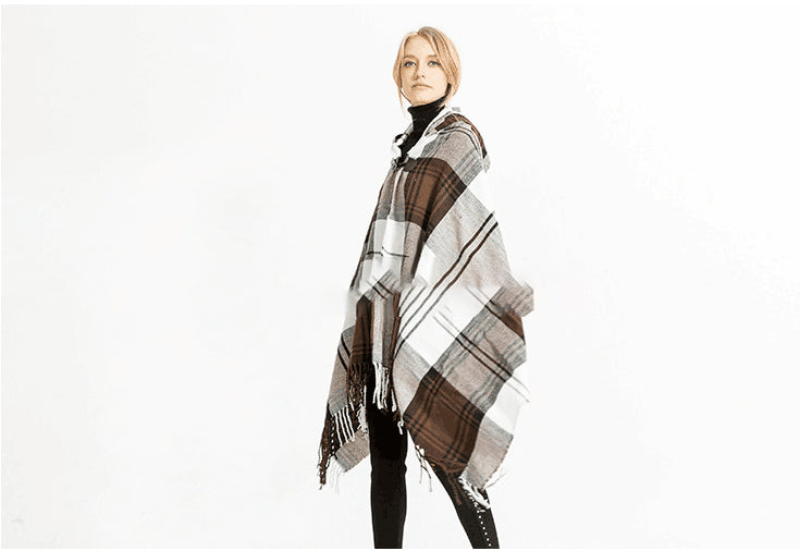 Bohemian Unisex Loose Cape with Hood Plaid and Fringe Tassels