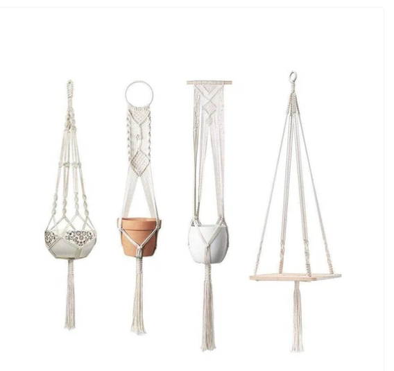4 Pack - Cotton Macrame Plant Hangers & Shelf