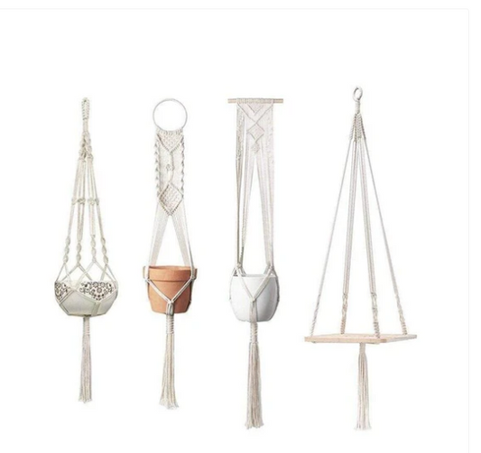 4 Pack - Cotton Macrame Plant Hangers & Shelf