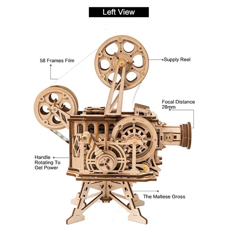 Robotime ROKR Hand Crank Projector Classic Film Vitascope 3D Wooden Puzzle Model Building Toys for Children Adult LK601