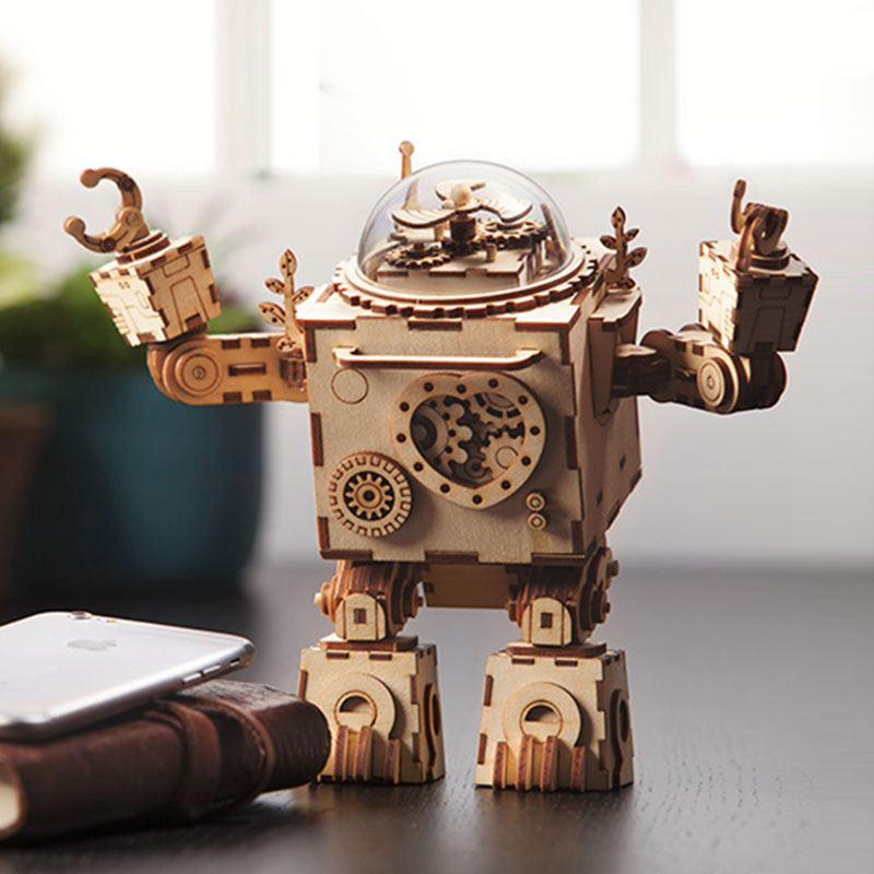 Robotime ROKR Robot Steampunk Music Box 3D Wooden Puzzle Assembled Model Building Kit Toys For Children Birthday Gift