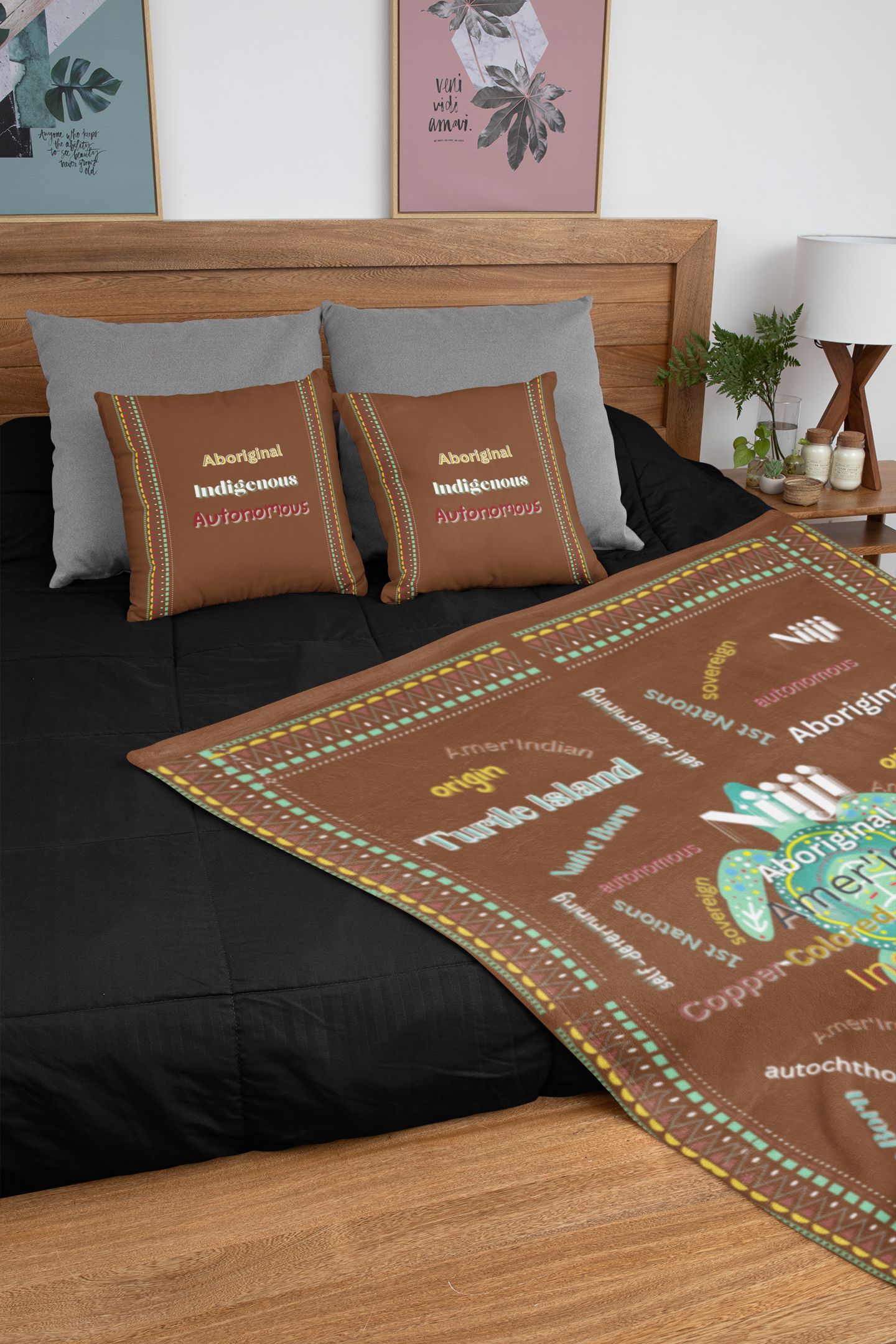 Aboriginal American Sovereign Indigenous Niiji Autonomous Design Black Throw Blanket