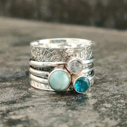 Antique Silver Vintage-Style Colored Stone Alloy Set Rings