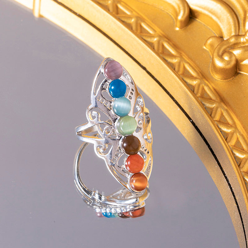 7 Chakra Stone Yoga Ring Silver Big Hollow Butterfly Adjustable Rings