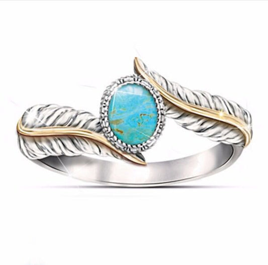 Extravagant Inlaid Green Turquoise Feather Ring Sterling Silver Set w/Gem