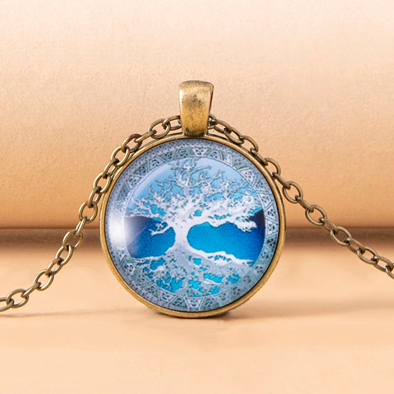 Hand Crafted Blue Tree of Life Glass Dome Cabochon Pendant Necklace