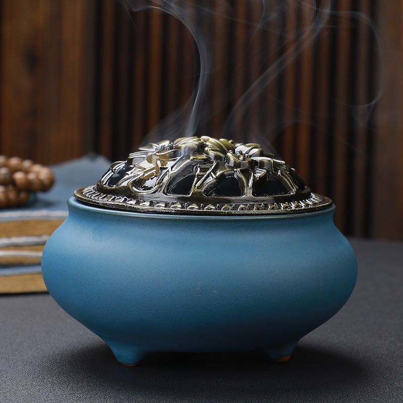 Copper Lid Ceramic Incense Burner Buddha with Antique Alloy Wire Incense Burner