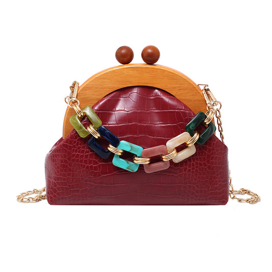 Women's Trendy Fashion Art Bags Colorful Chain Bags Portable Wooden PU Women's Bags