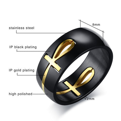 Separable Ankh Egyptian Cross Ring Personalized Black Gold Stainless Steel Key of Life Wedding Male Anel Jewelry