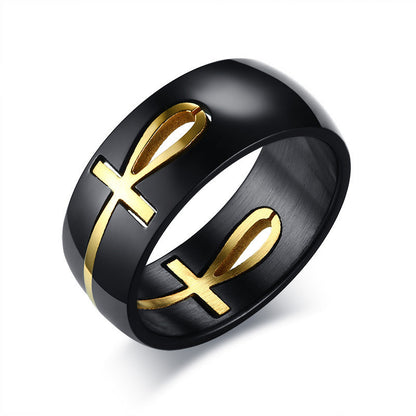 Separable Ankh Egyptian Cross Ring Personalized Black Gold Stainless Steel Key of Life Wedding Male Anel Jewelry