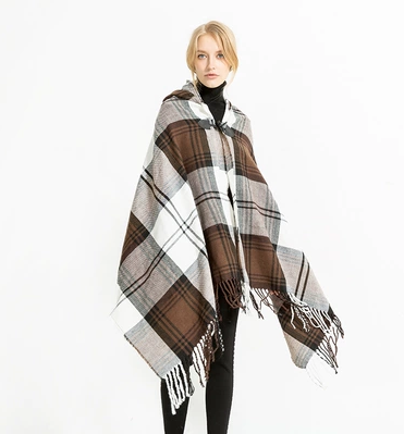 Bohemian Unisex Loose Cape with Hood Plaid and Fringe Tassels