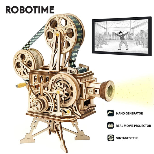 Robotime ROKR Hand Crank Projector Classic Film Vitascope 3D Wooden Puzzle Model Building Toys for Children Adult LK601