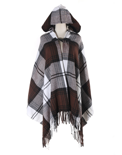 Bohemian Unisex Loose Cape with Hood Plaid and Fringe Tassels