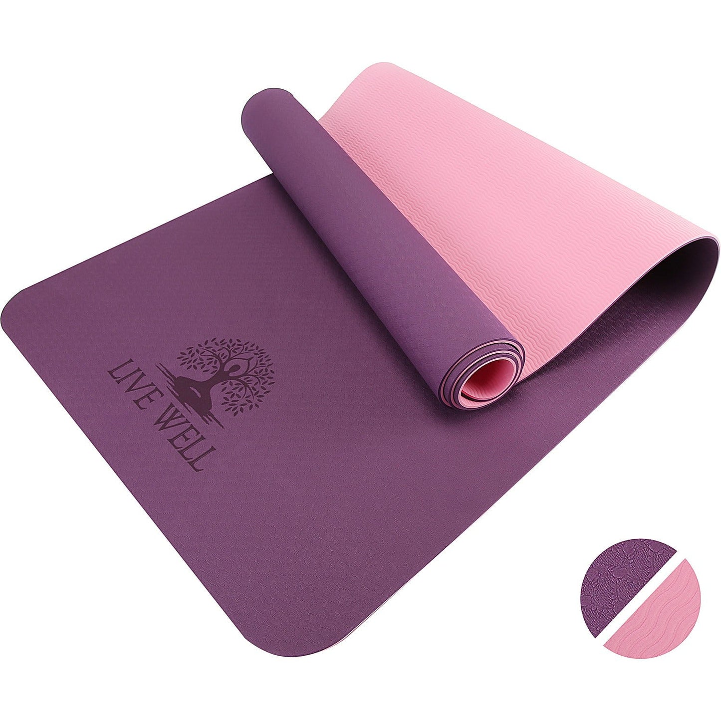 LIVE WELL Dual Color TPE Yoga Mat - Purple/Pink, 6ft x 2ft, 6mm Thick